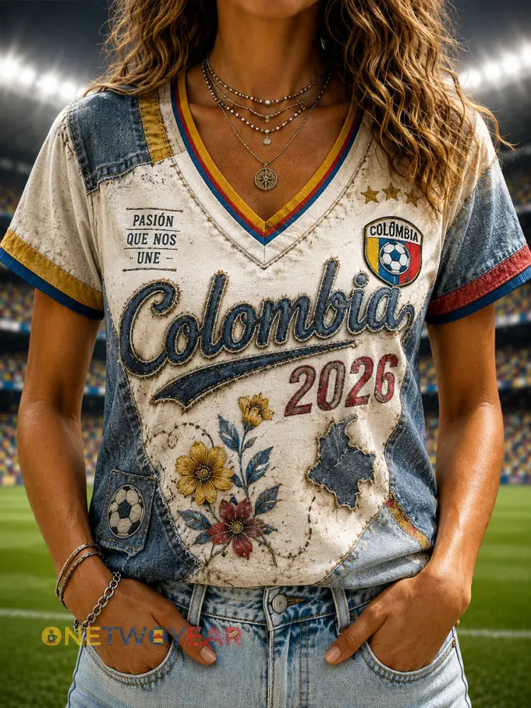 Camiseta con cuello en V Columbia Soccer Patchwork para mujer - como imagen / S