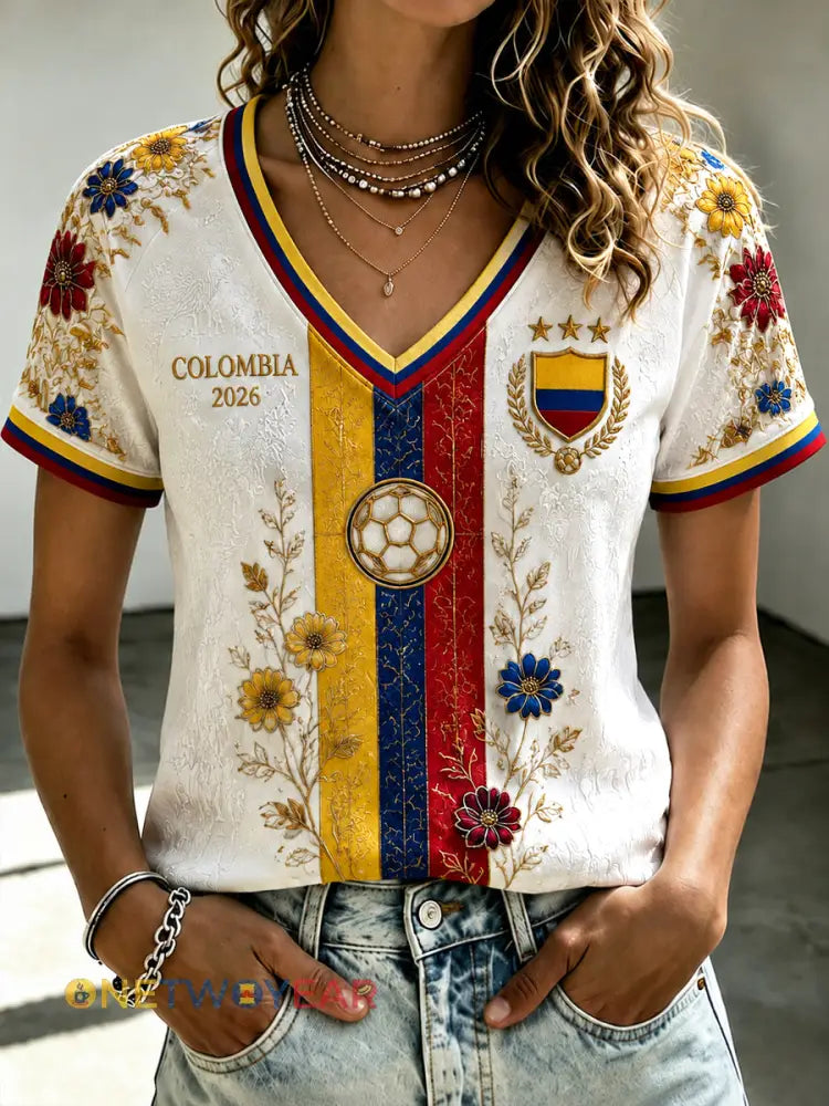 Camiseta con cuello en V floral 2026 Colombia Soccer para mujer - como imagen / S