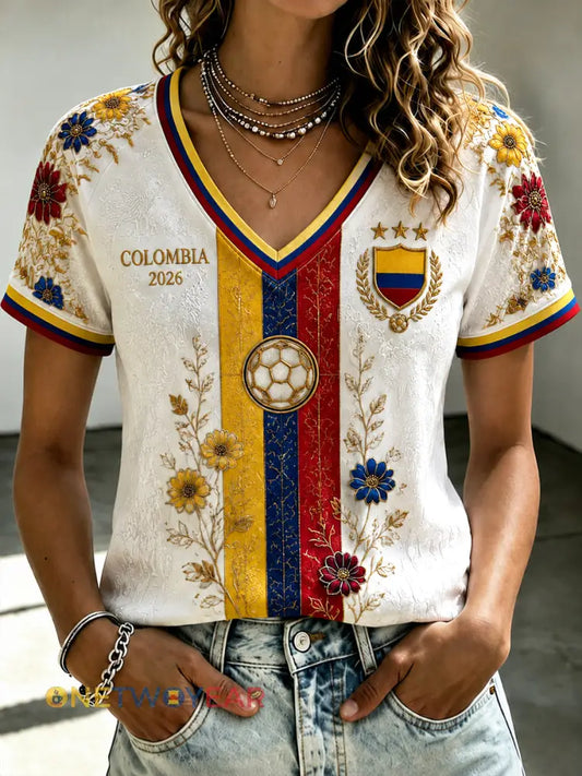 Camiseta con cuello en V floral 2026 Colombia Soccer para mujer - como imagen / S