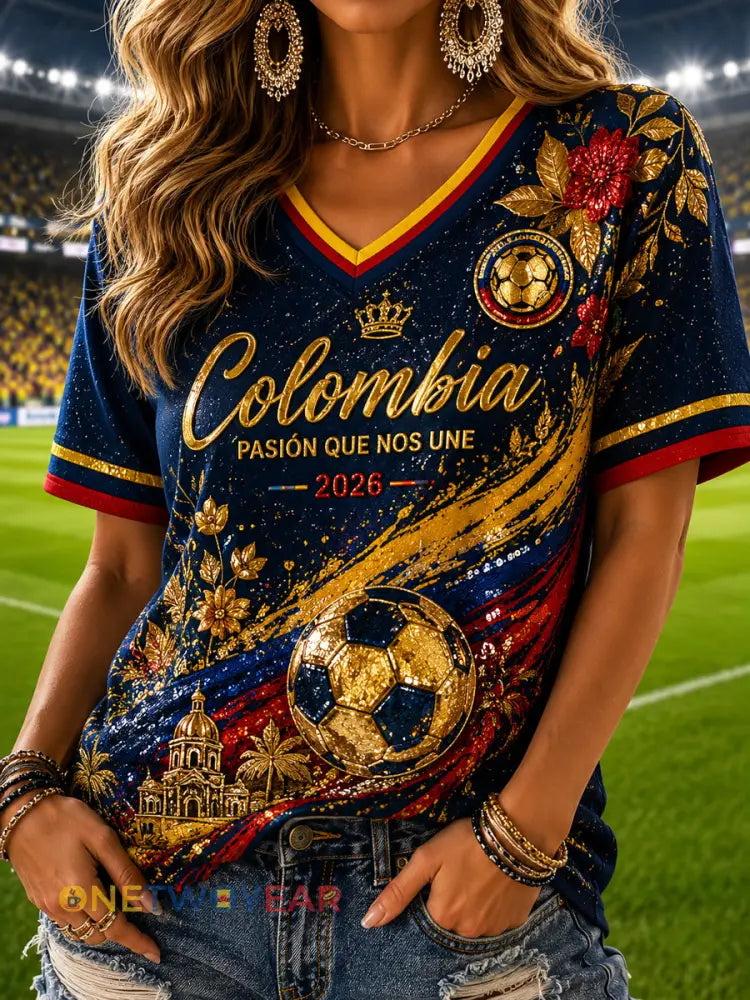 Camiseta con cuello en V floral retro de Columbia Soccer para mujer - como imagen / S