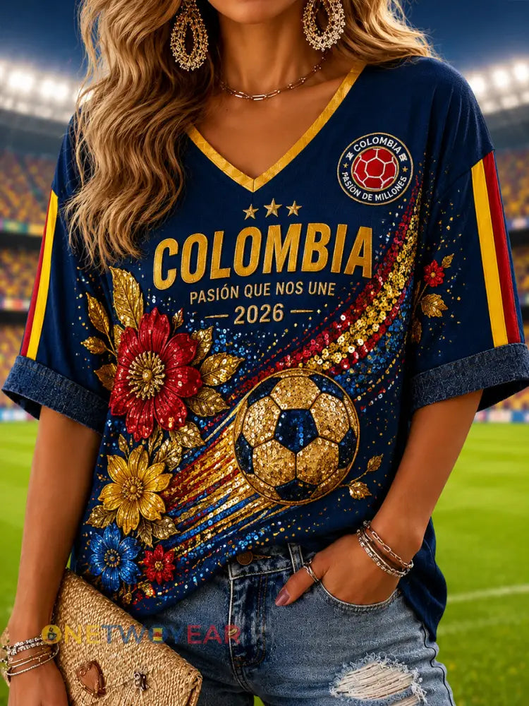 Camiseta con cuello en V Retro Columbia Soccer para mujer - como imagen / S