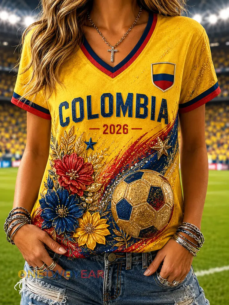Camiseta con cuello en V retro del arte floral de Columbia Soccer para mujer - como imagen / S