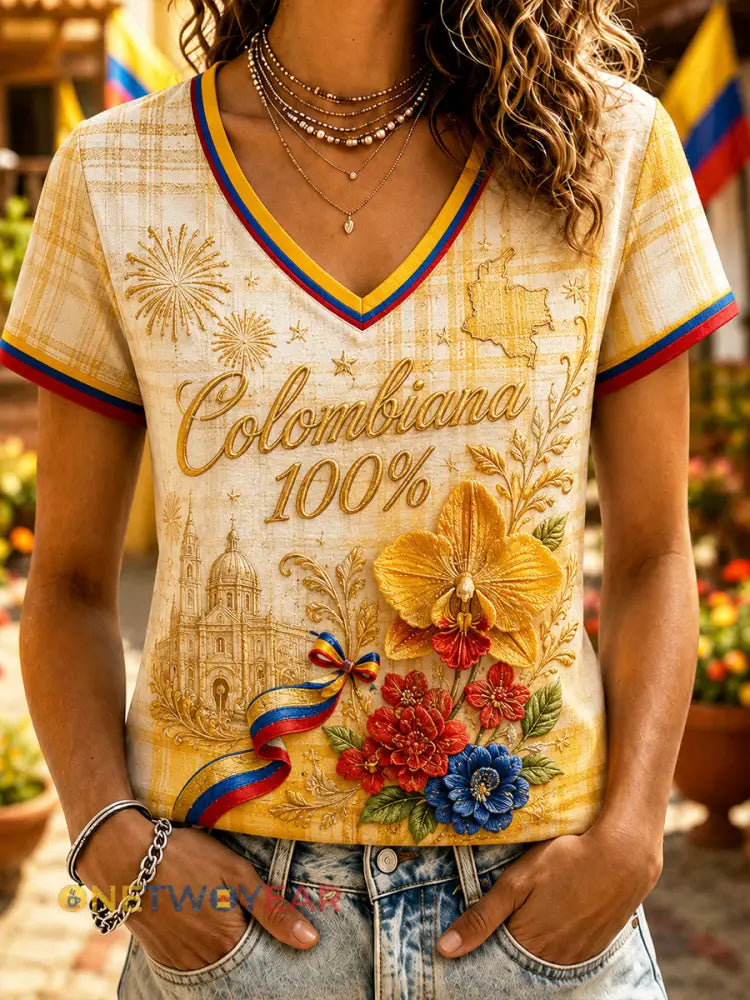 Camiseta con cuello en V y estampado floral para mujer Columbia Independence Day - como imagen / S