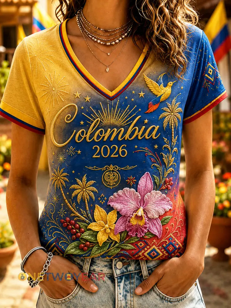 Camiseta con cuello en V y gradiente floral de Columbia Independence Day para mujer - como imagen / S