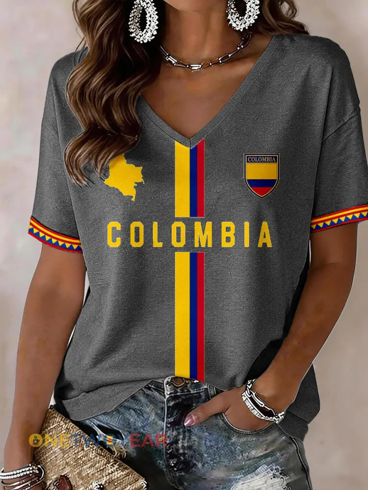 Camiseta cuello en V Colombia de mujer - Gris oscuro / S