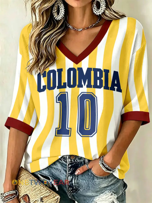 Camiseta de algodón con estampado informal para fútbol colombiano 2026 diseño de gofre - como imagen / S