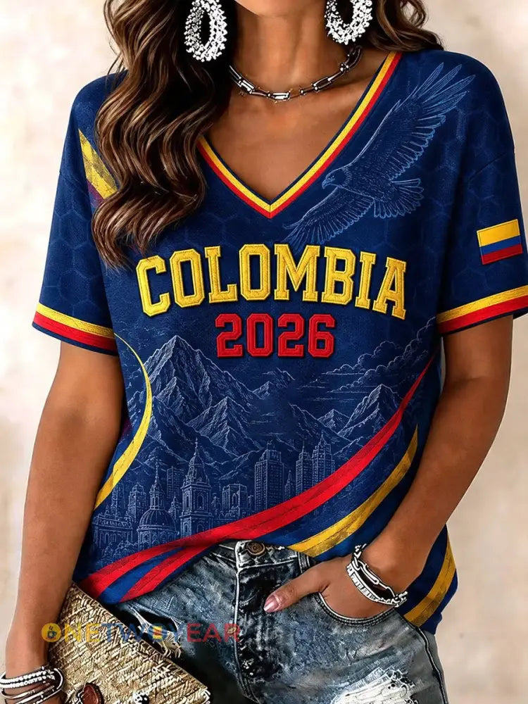 Camiseta de manga corta con estampado casual de fútbol colombiano para mujer - como imagen / S