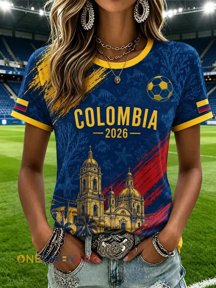 Camiseta de manga corta estampada casual de fútbol colombiano 2026 para mujer - como imagen / S