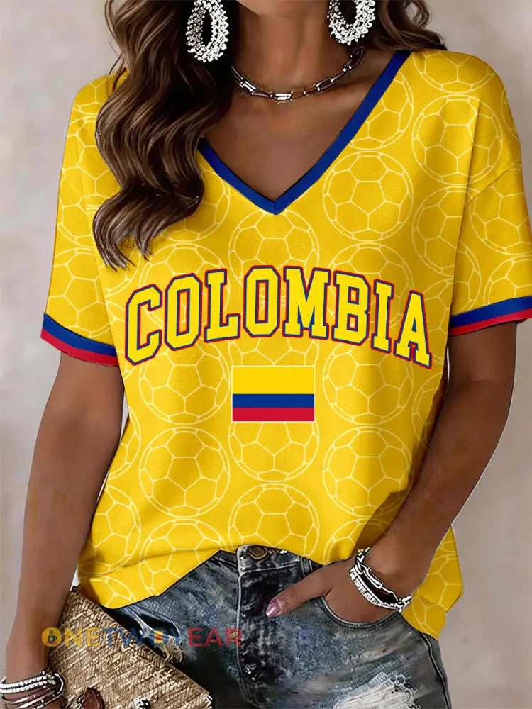 Camiseta de mujer con cuello en V de Colombia - amarillo / S