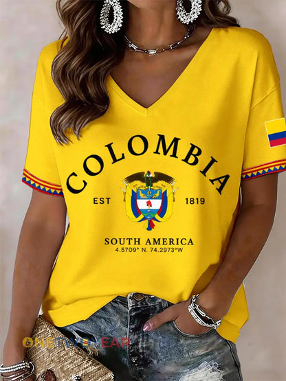 Camiseta de mujer con cuello en V de Colombia - Amarillo / S