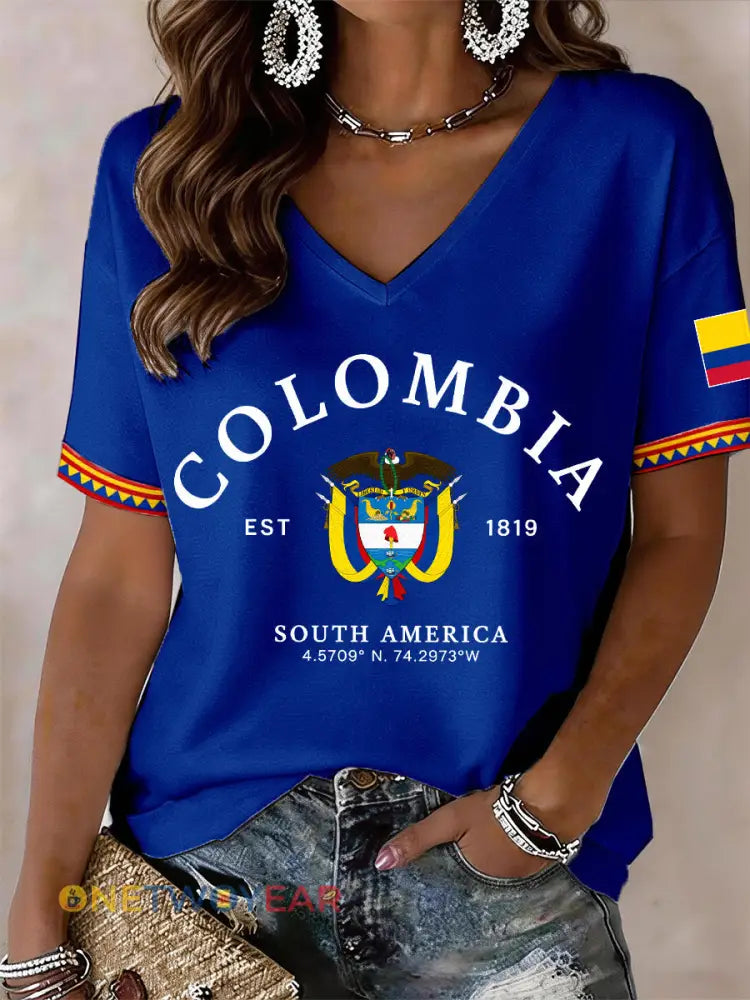 Camiseta de mujer con cuello en V de Colombia - Azul / S