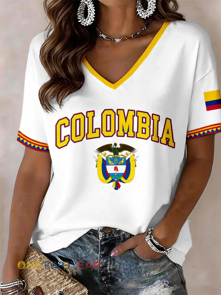 Camiseta de mujer con cuello en V de Colombia - blanco / S