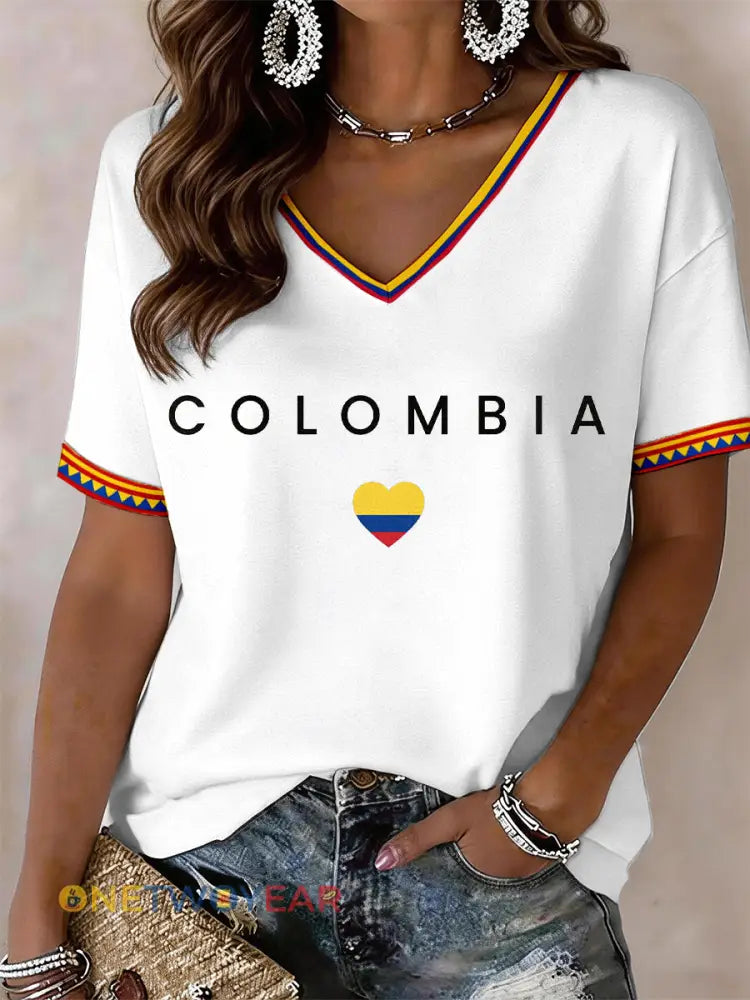 Camiseta de mujer con cuello en V de Colombia - blanco / S