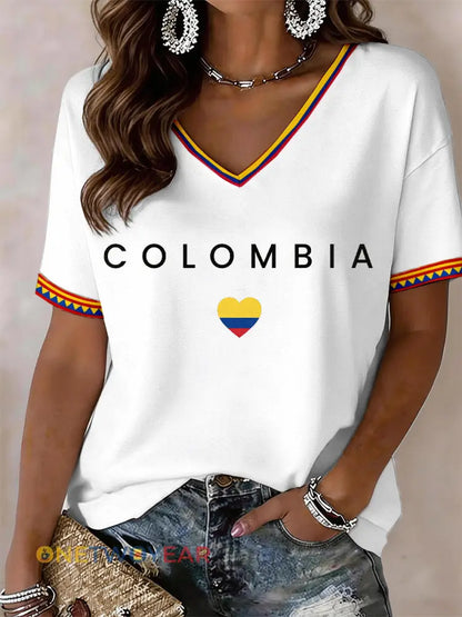 Camiseta de mujer con cuello en V de Colombia - blanco / S