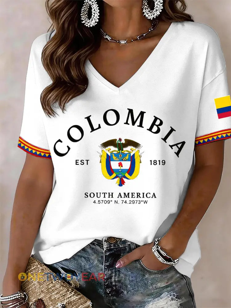 Camiseta de mujer con cuello en V de Colombia - Blanco / S