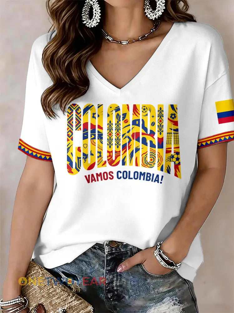 Camiseta de mujer con cuello en V de Colombia - blanco / S
