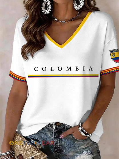 Camiseta de mujer con cuello en V de Colombia - blanco / S