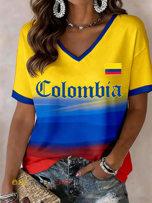 Camiseta de mujer con cuello en V de Colombia - como imagen / S
