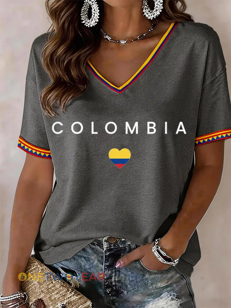 Camiseta de mujer con cuello en V de Colombia - gris / S