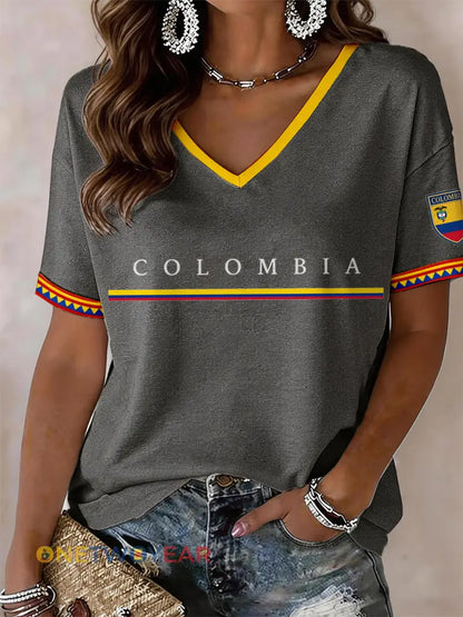 Camiseta de mujer con cuello en V de Colombia - gris / S