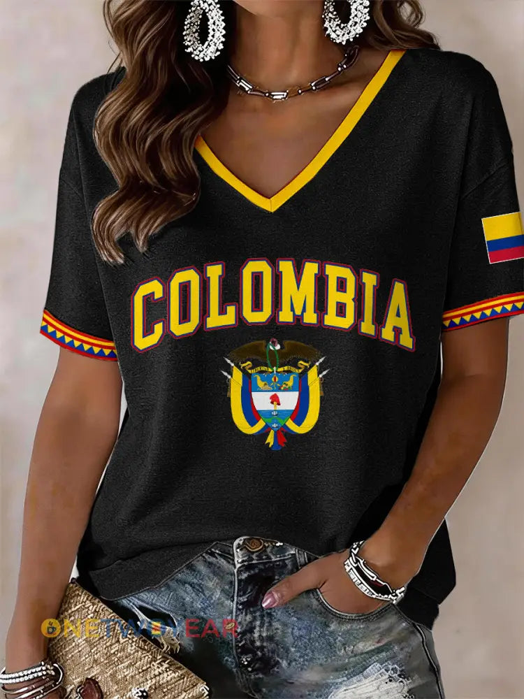 Camiseta de mujer con cuello en V de Colombia - negro / S
