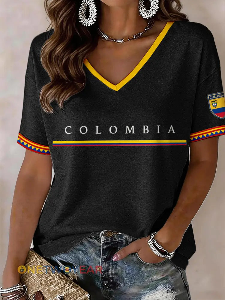 Camiseta de mujer con cuello en V de Colombia - negro / S