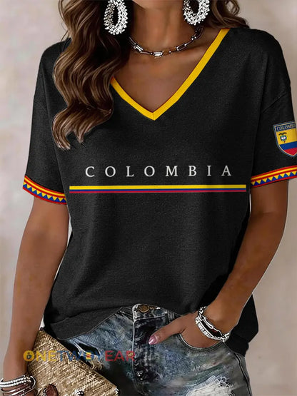Camiseta de mujer con cuello en V de Colombia - negro / S