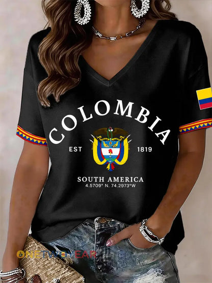 Camiseta de mujer con cuello en V de Colombia - Negro / S