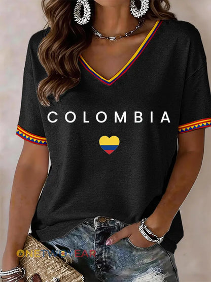 Camiseta de mujer con cuello en V de Colombia - negro / S