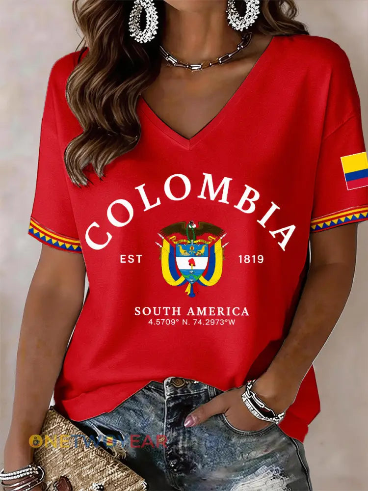 Camiseta de mujer con cuello en V de Colombia - Rojo / S