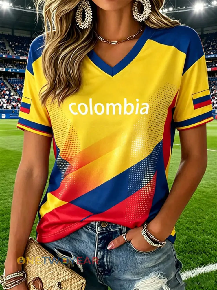 Camiseta informal de estilo futbolístico colombiano para mujer - como imagen / S