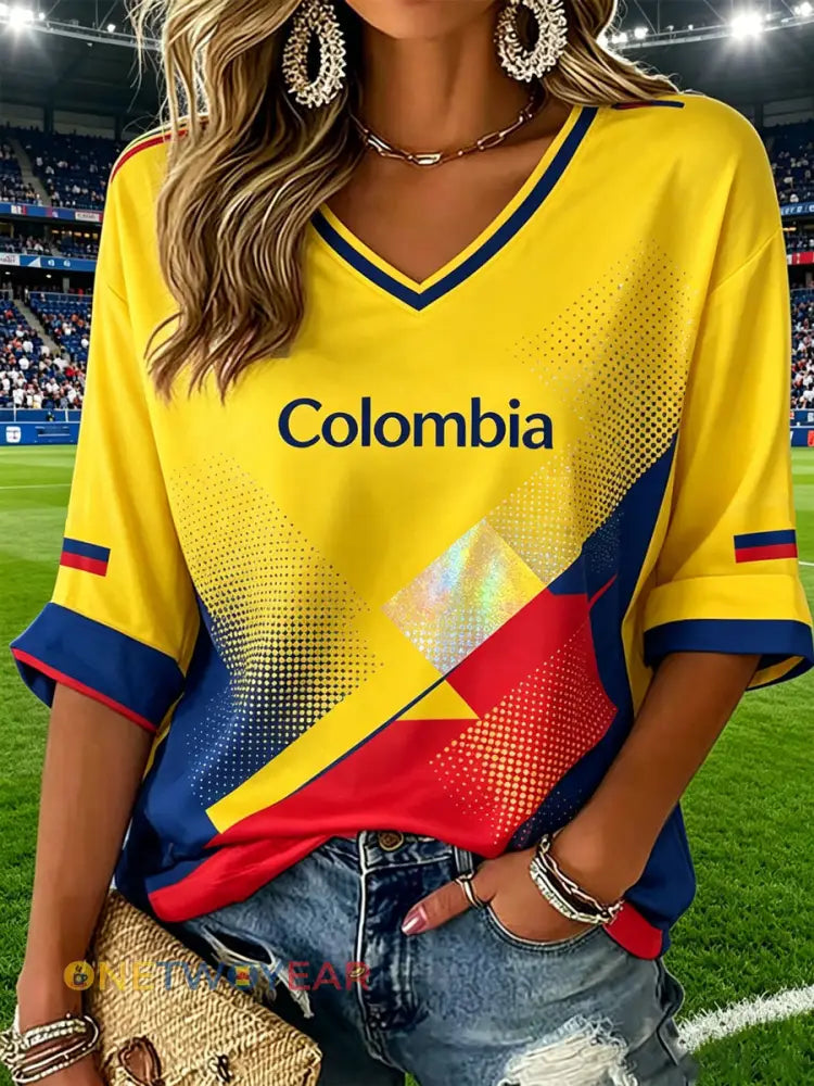 Camiseta informal de estilo futbolístico colombiano para mujer - como imagen / S