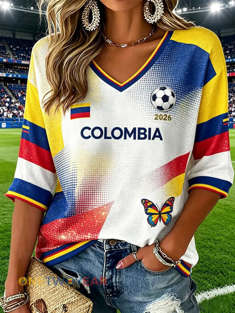 Camiseta informal de estilo futbolístico colombiano para mujer - como imagen / S