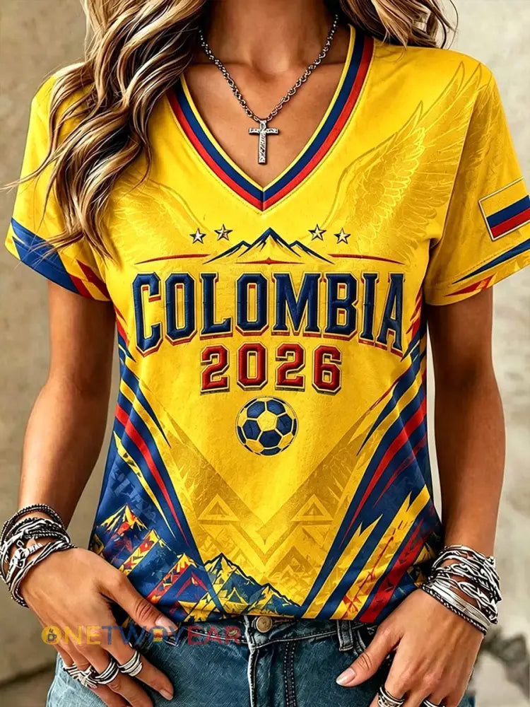 Camiseta informal de fútbol colombiano para mujer con estampado y manga corta - como imagen / S