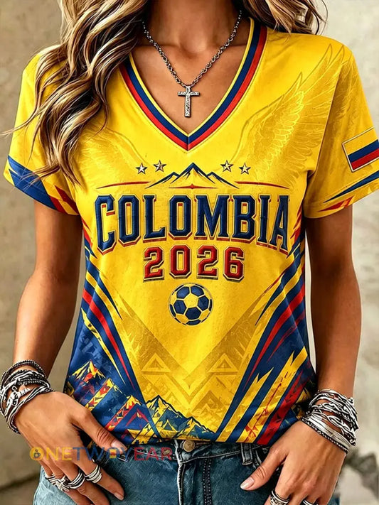 Camiseta informal de fútbol colombiano para mujer con estampado y manga corta - como imagen / S