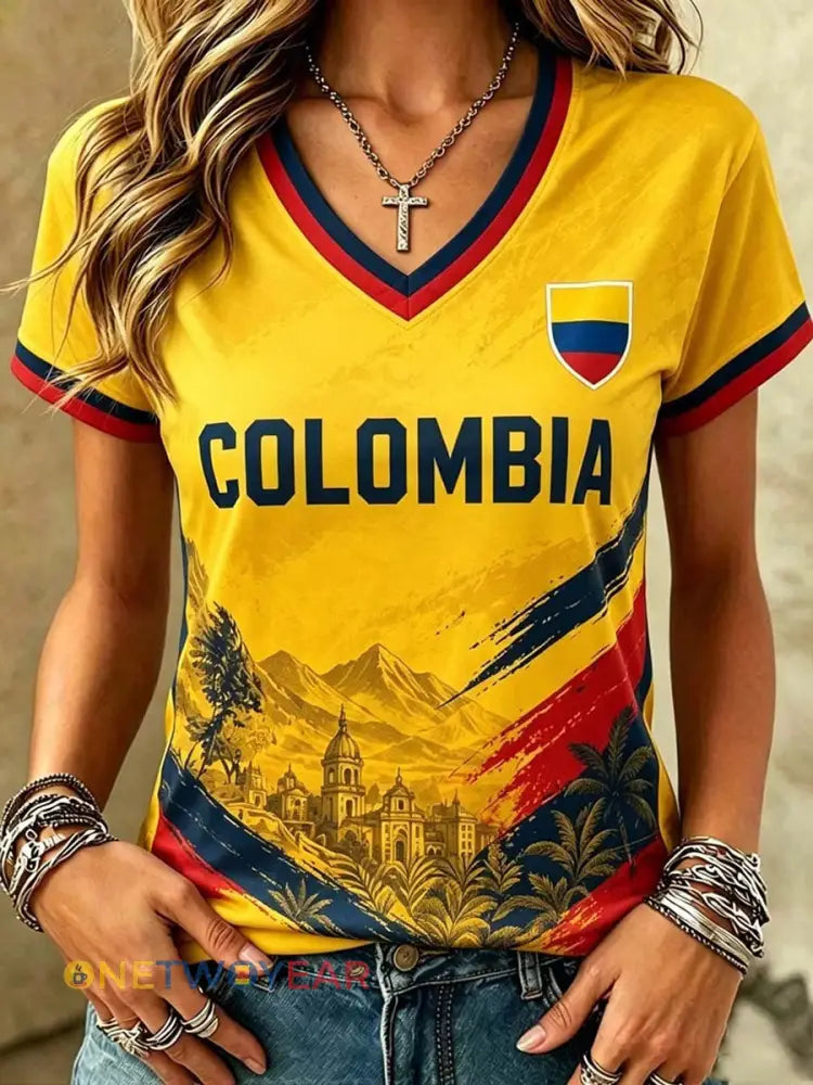 Camiseta informal de fútbol colombiano para mujer con estampado y manga corta - como imagen / S