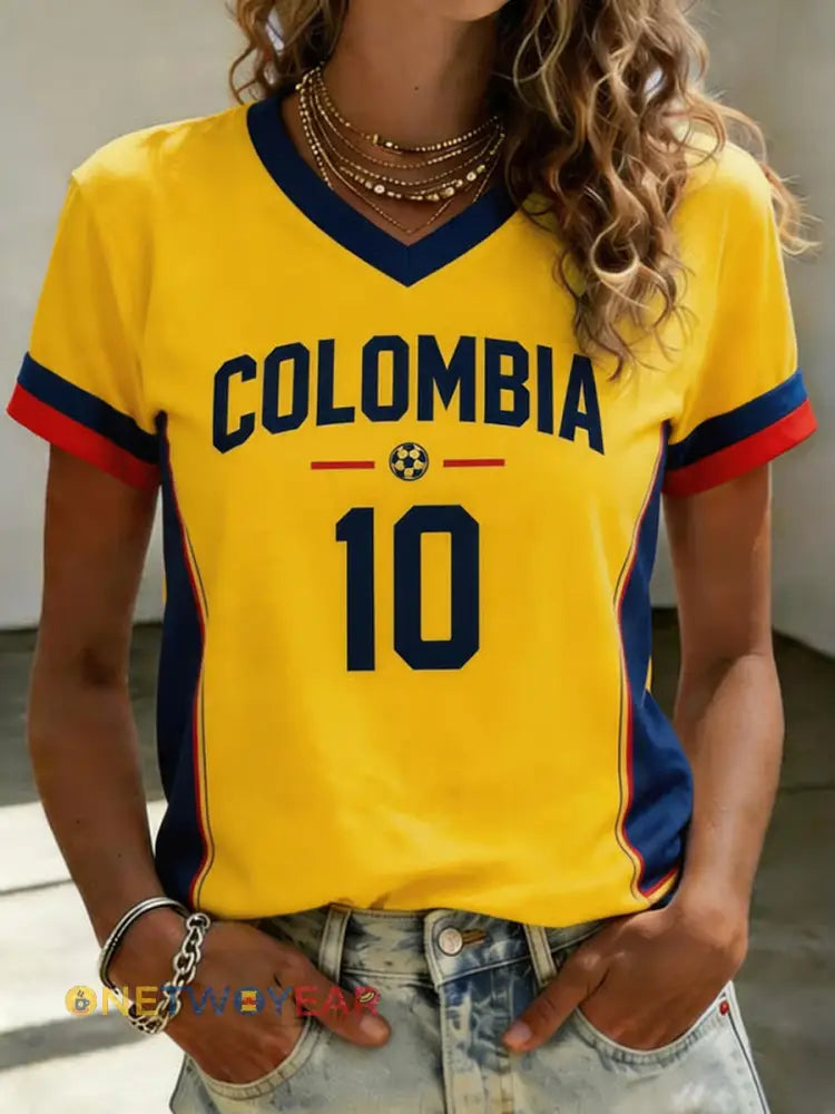 Camiseta informal de fútbol colombiano para mujer estampada y de manga corta - como imagen / S