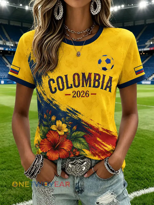 Camiseta informal de fútbol colombiano para mujer estampada y de manga corta - como imagen / S