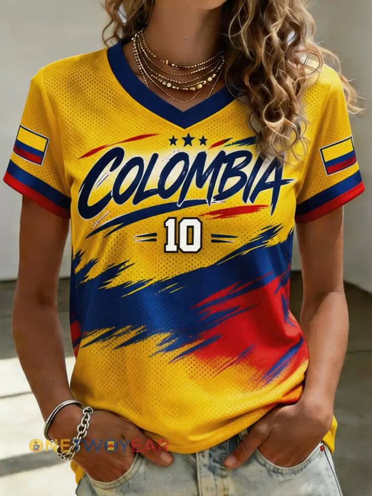 Camiseta informal de fútbol colombiano para mujer estampada y de manga corta - como imagen / S