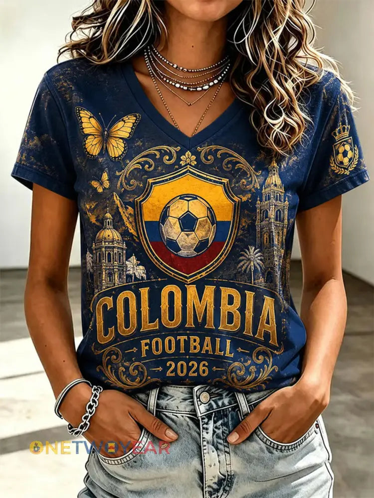 Camiseta informal de fútbol para mujer estilo colombiano estampada y de manga corta año 2026 - como imagen / S