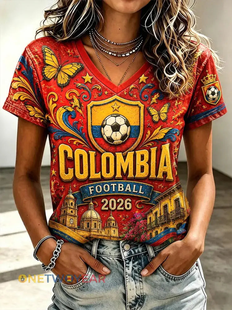 Camiseta informal de fútbol para mujer estilo colombiano estampada y de manga corta año 2026 - como imagen / S