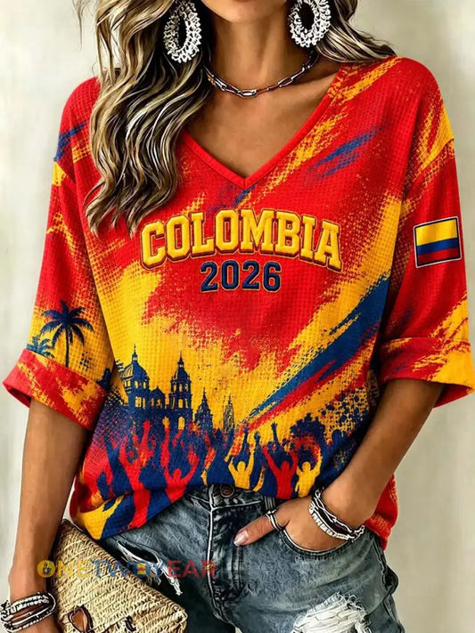 Camiseta informal de waffle de fútbol colombiano para mujer - como imagen / S