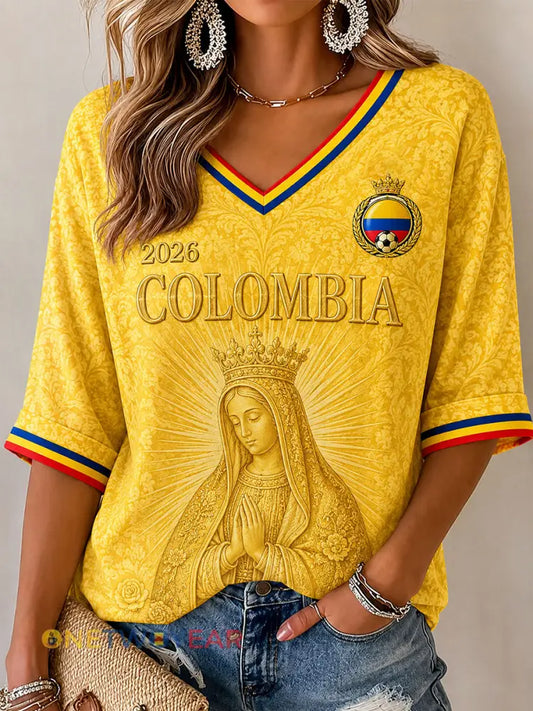 Camiseta informal estampada con diseño de fútbol colombiano para mujer - amarillo / S