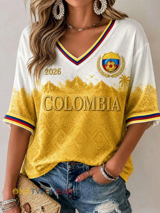 Camiseta informal estampada con diseño de fútbol colombiano para mujer - amarillo / S