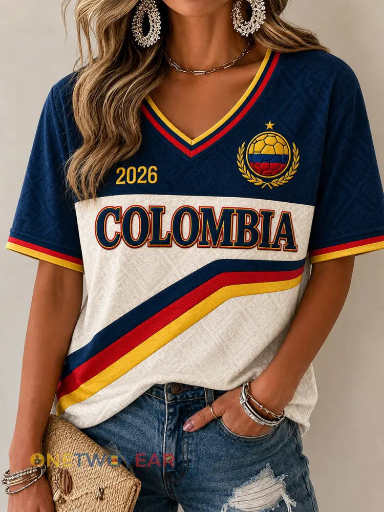 Camiseta informal estampada con diseño de fútbol colombiano para mujer - azul marino / S