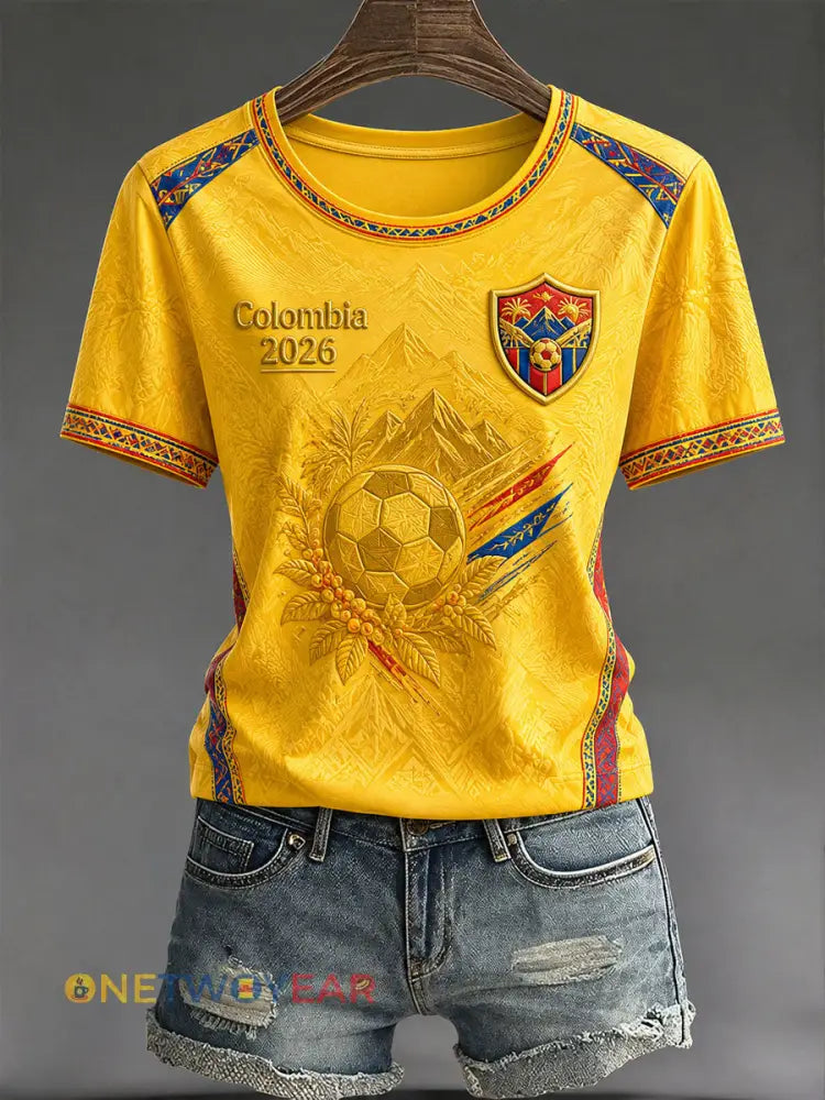 Camiseta informal estampada de fútbol de Colombia 2026 para mujer - amarillo / S