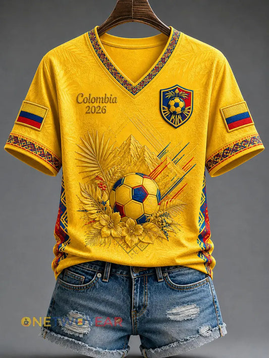 Camiseta informal estampada de fútbol de Colombia 2026 para mujer - amarillo / S
