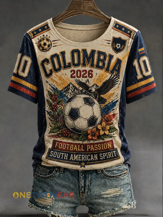Camiseta informal estampada de fútbol de Colombia 2026 para mujer - azul / S