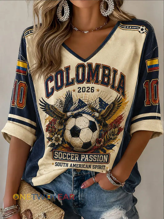 Camiseta informal estampada de fútbol de Colombia 2026 para mujer - azul / S
