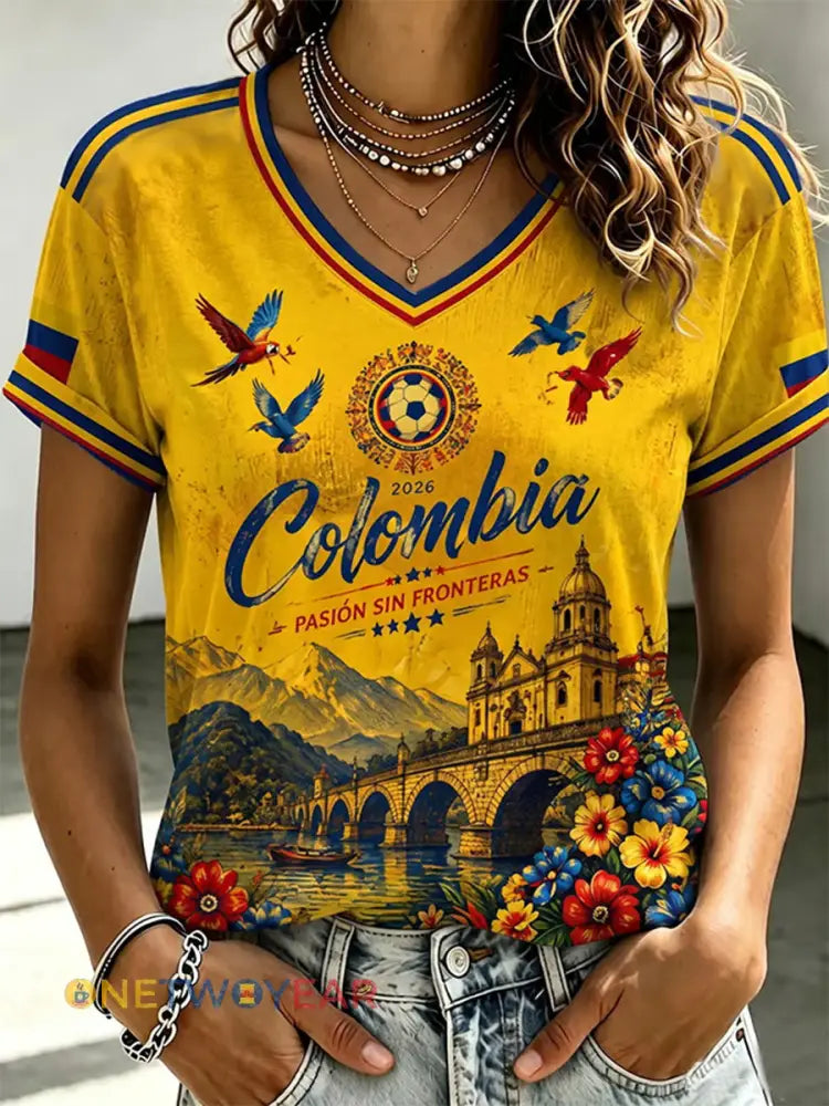 Camiseta informal estampada de fútbol de Colombia 2026 para mujer - como imagen / S